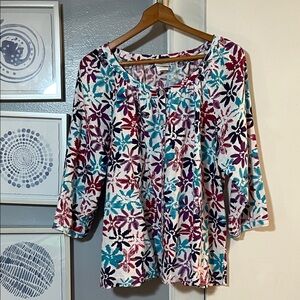 Hot Cotton Women’s Linen Top Multicolor Floral Button Up Blouse Size XL